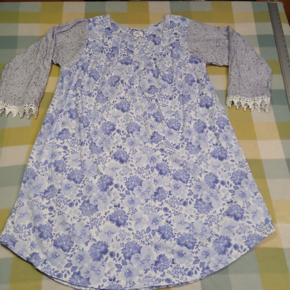 Aria Collection Womens 2X Purple Floral Print Nightgown Lace Trim Button Front